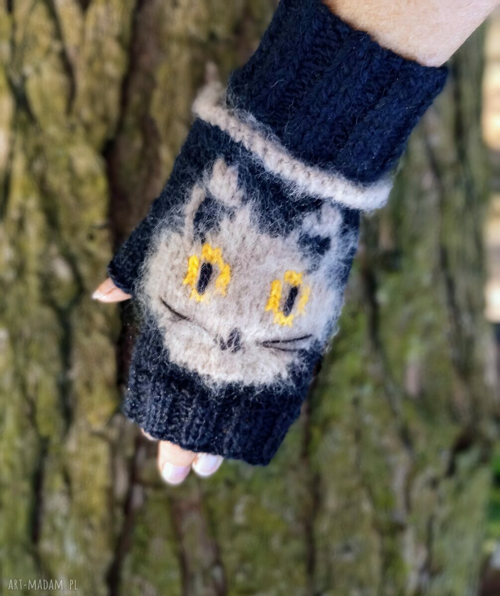 Mitenki w kotki - wełniane rękawiczki bez palców handmade
