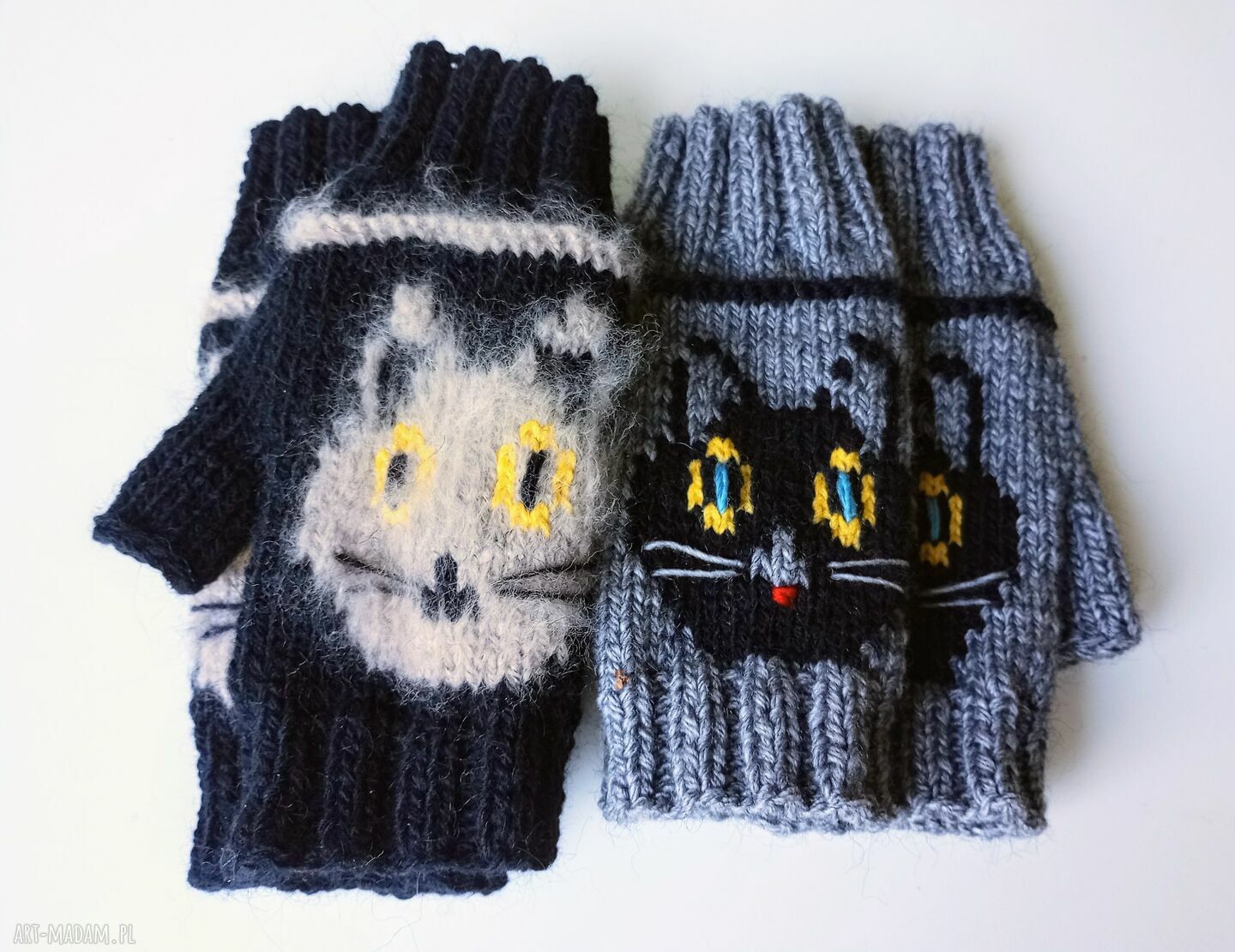 Mitenki w kotki - wełniane rękawiczki bez palców handmade