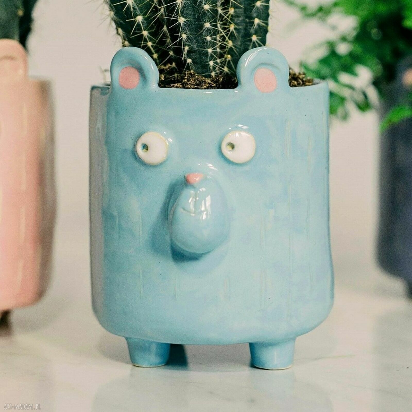 Miętowa doniczka ceramiczna w kształcie niedźwiadka - Lamabo Ceramics