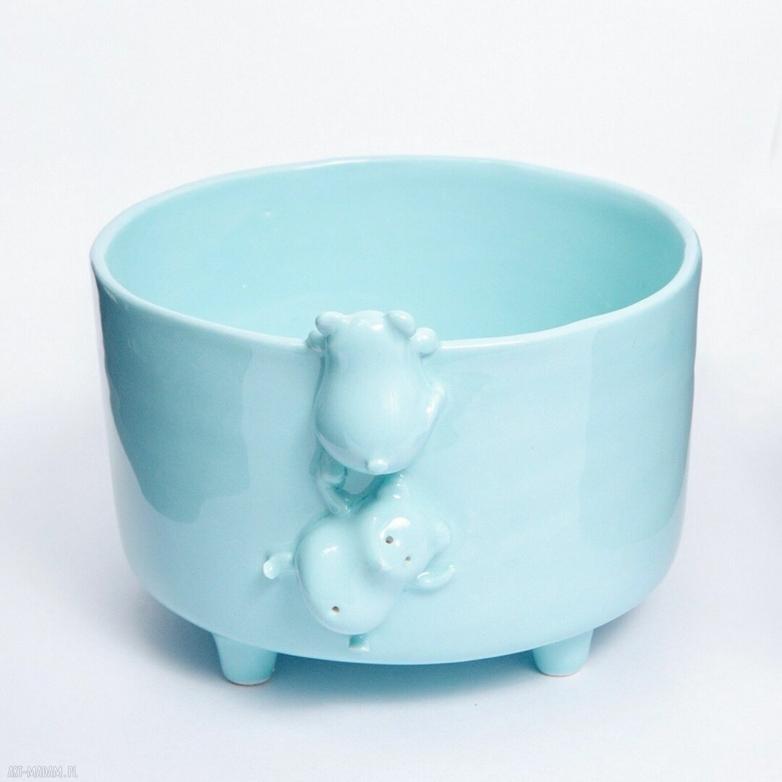 Miętowa miseczka śniadaniowa z misiami - rękodzieło Lamabo Ceramics