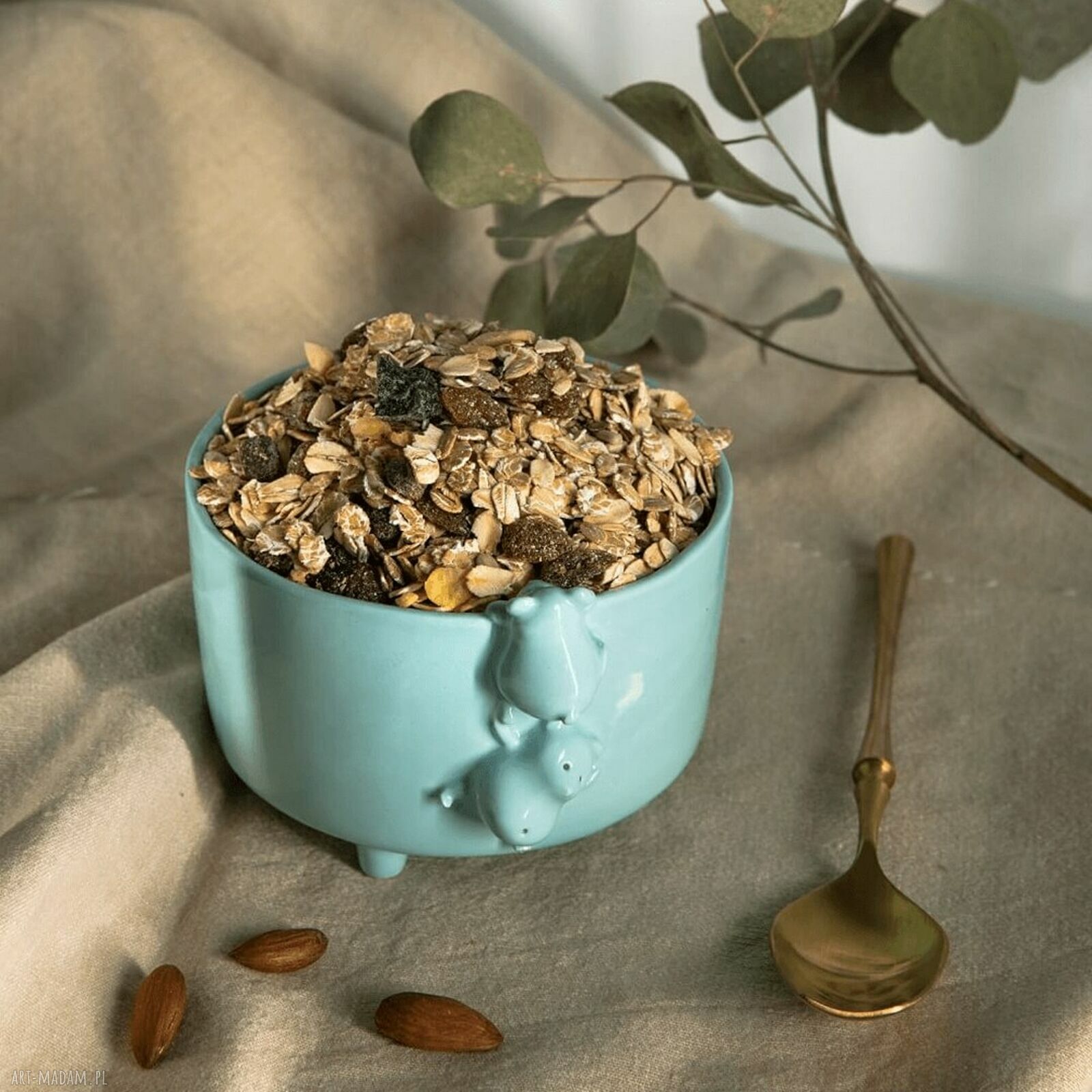 Miętowa miseczka śniadaniowa z misiami - rękodzieło Lamabo Ceramics