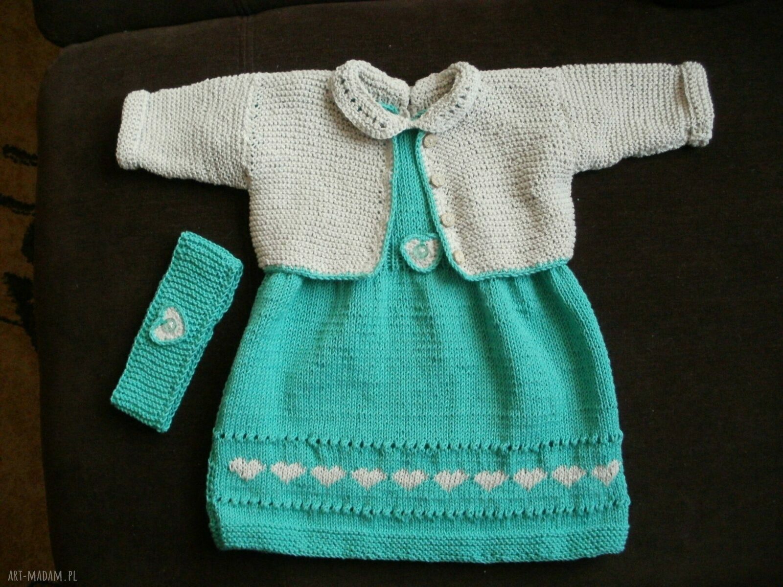 Miętowa sukieneczka ze sweterkiem - komplet handmade 62/68
