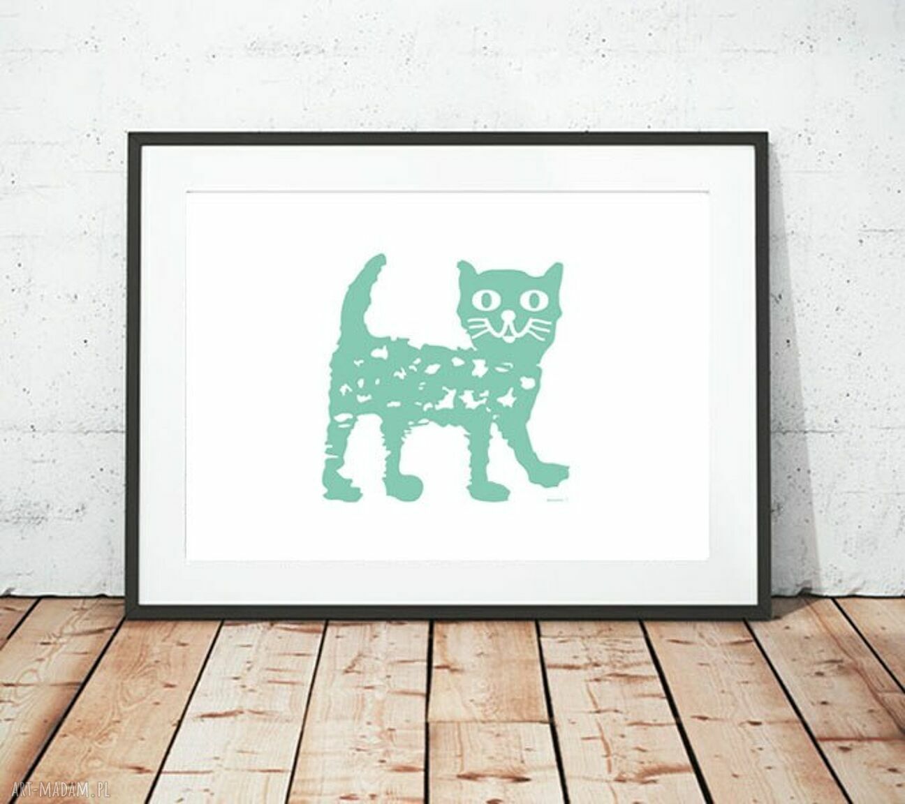 Miętowy plakat z kotkiem 21x30 cm - autorska grafika do oprawy