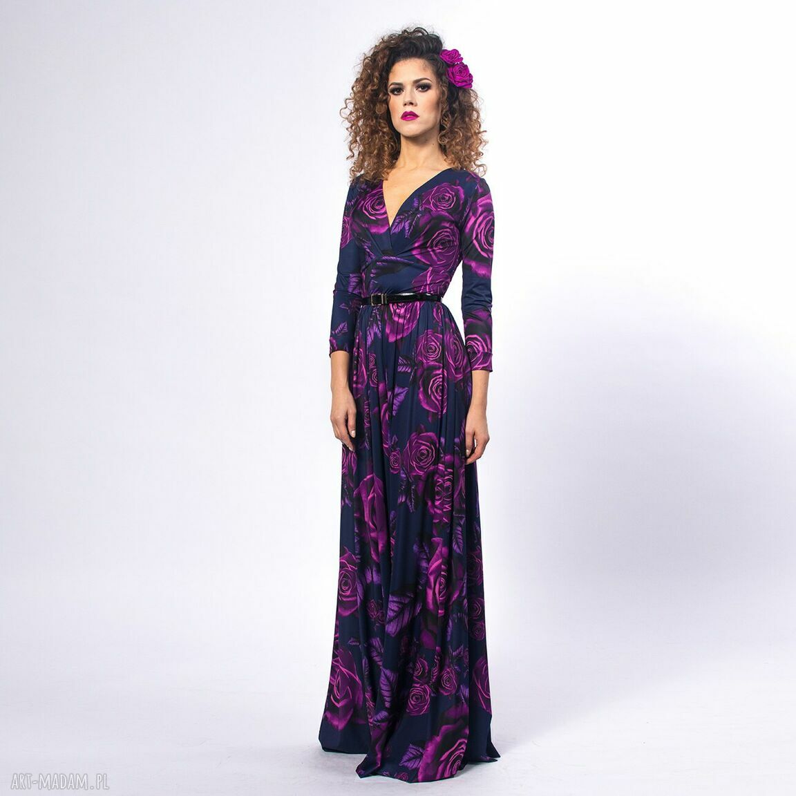 Elle - magic rose - elegancka sukienka na wieczór z kopertowym dekoltem