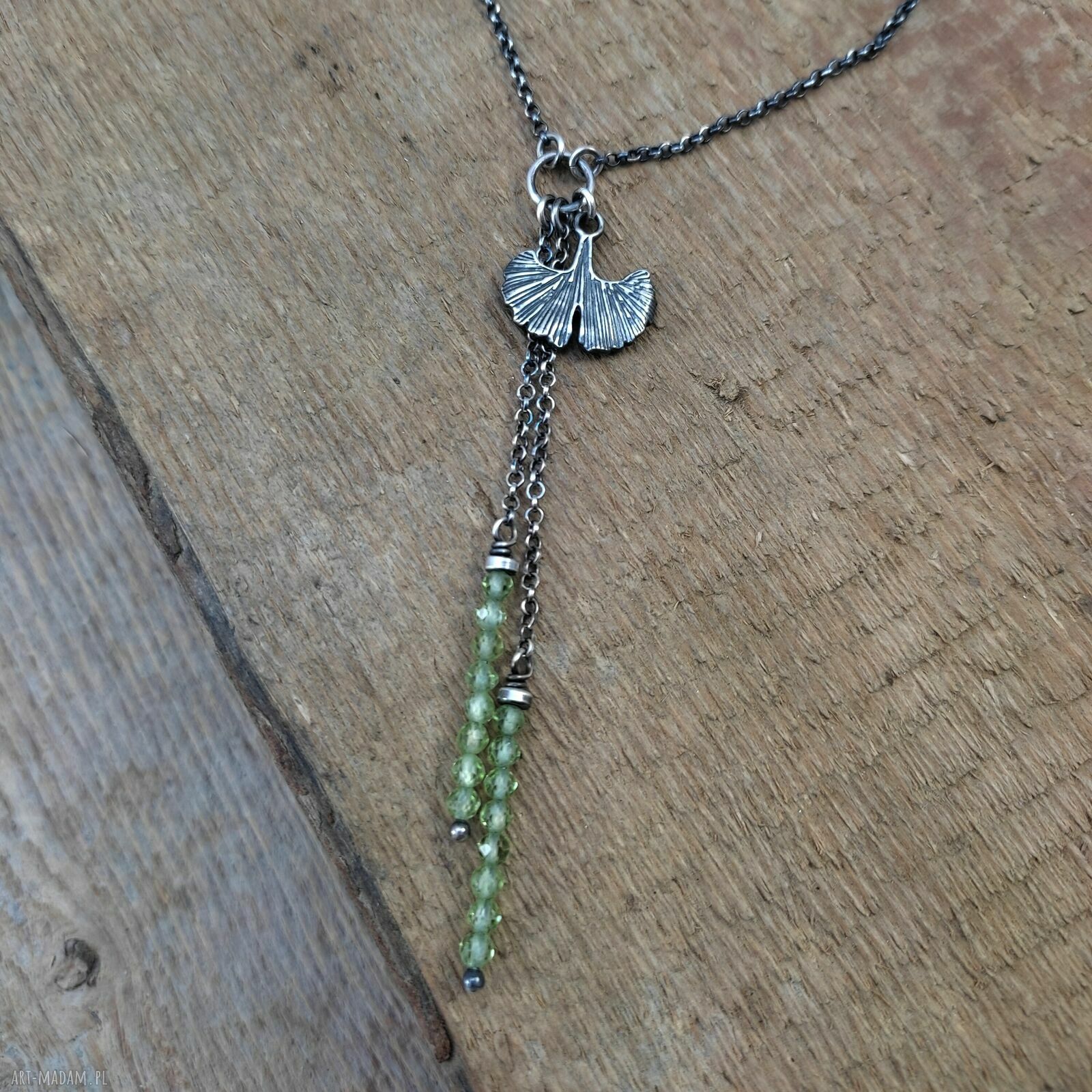 Naszyjnik miłorząb z peridotem - srebro 925 oksydowane Irart