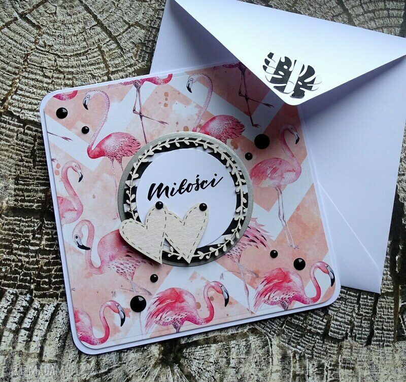 Miłość i flamingi - kartka handmade na imieniny i urodziny