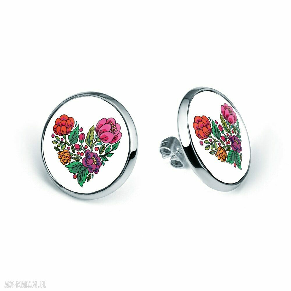 Kolczyki sztyfty LOVE FLOWERS z sercem - rękodzieło art-Madam.pl