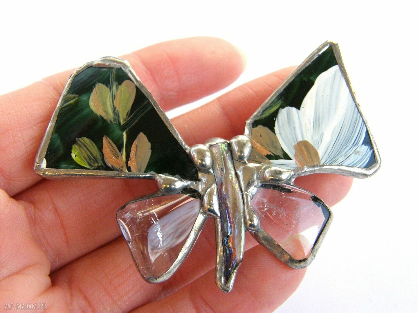 Broszka motyl z kryształem górskim technika Tiffany (7 x 5,5 cm)