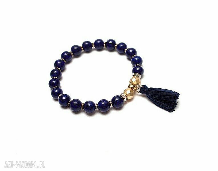 Boho bransoletka z lapis lazuli i hematytem na gumce ciemny granat z chwostem