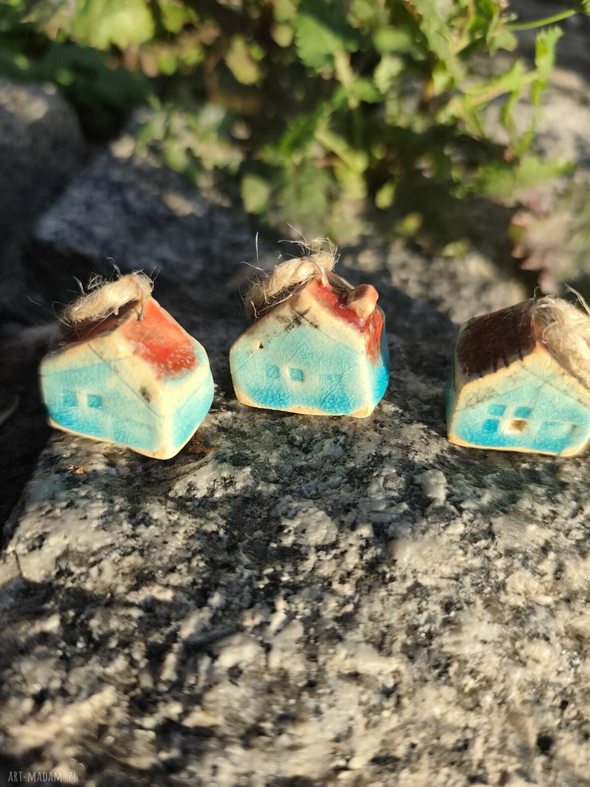 Mini domki ceramiczne 3 szt - ozdoby choinkowe handmade