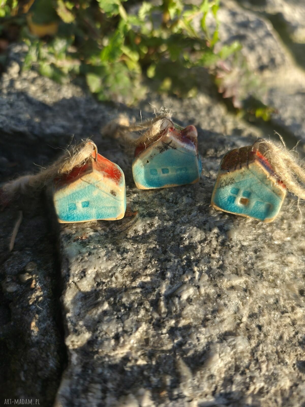 Mini domki ceramiczne 3 szt - ozdoby choinkowe handmade