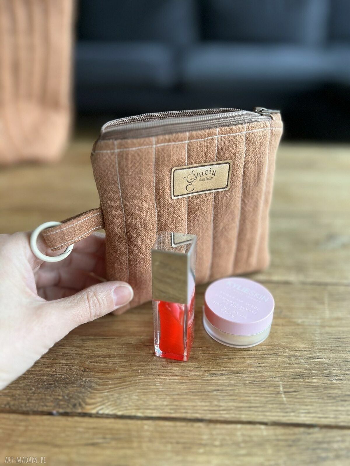 Mini lniana kosmetyczka rudy - pikowany organizer na drobiazgi