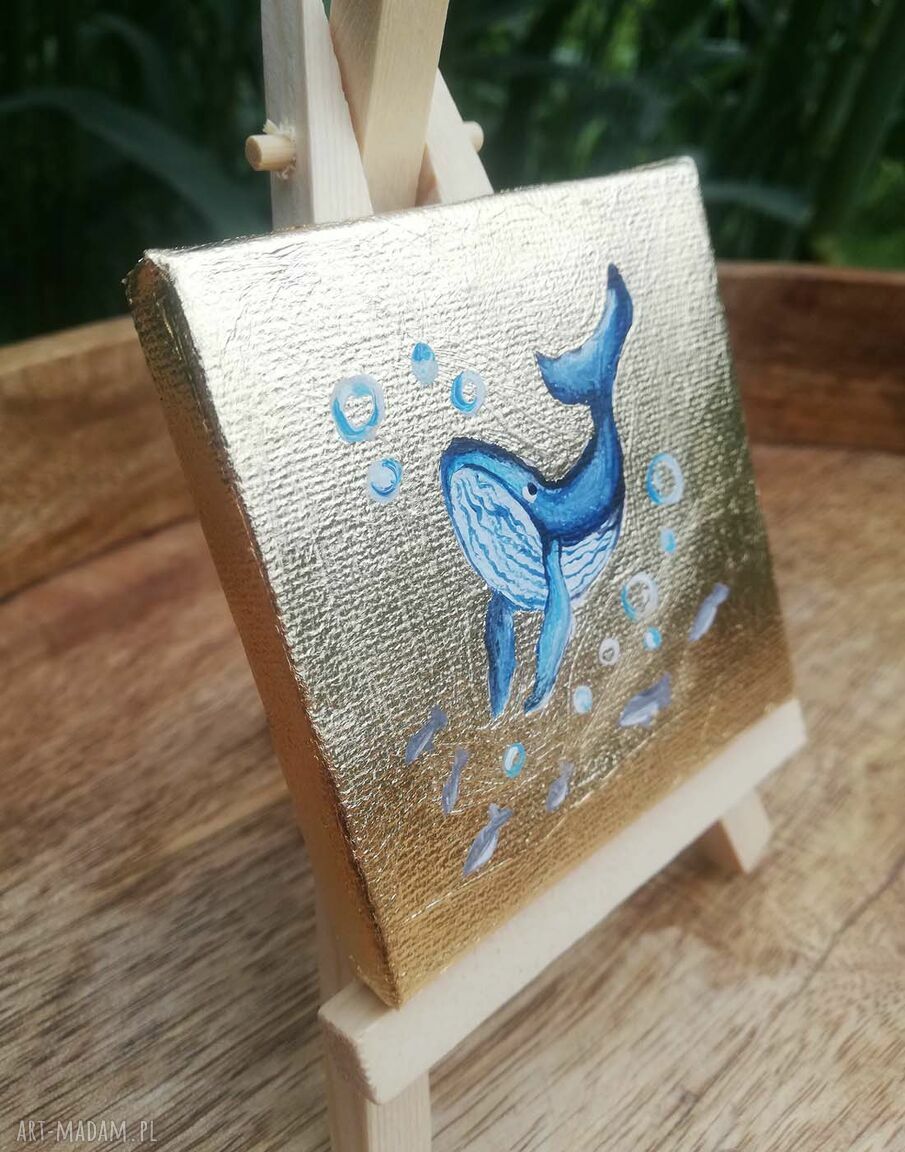 Mini obraz akrylowy złocony z wielorybem 7x7 cm