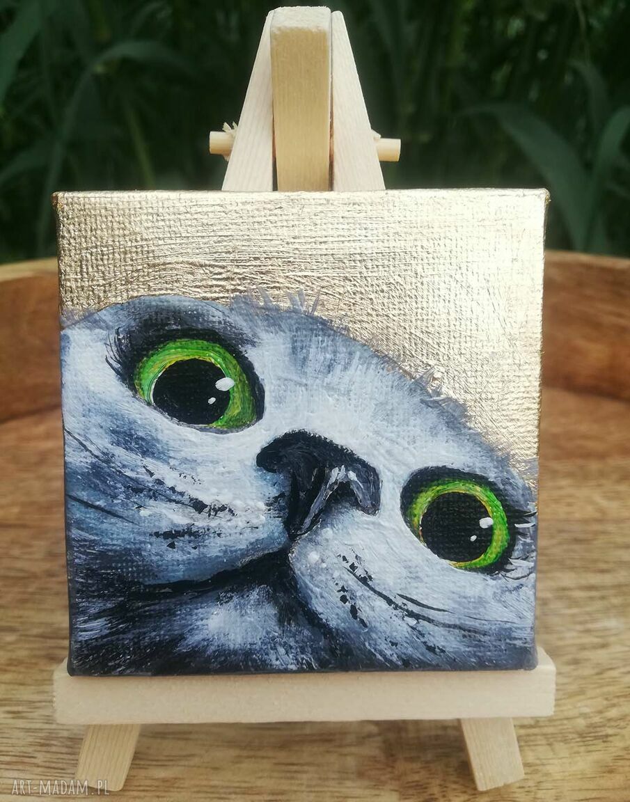 Mini obraz akrylowy złocony - Koteł 7x7 cm, ręcznie malowany