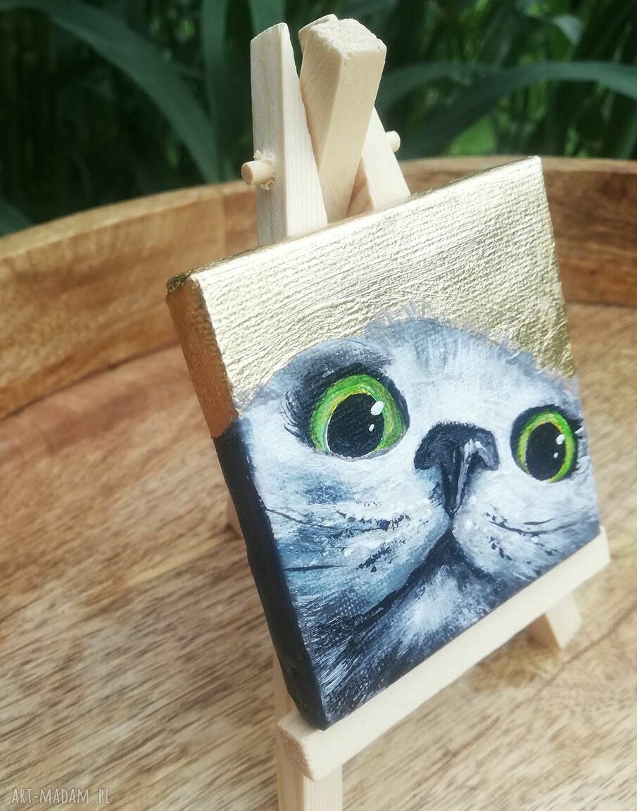Mini obraz akrylowy złocony - Koteł 7x7 cm, ręcznie malowany