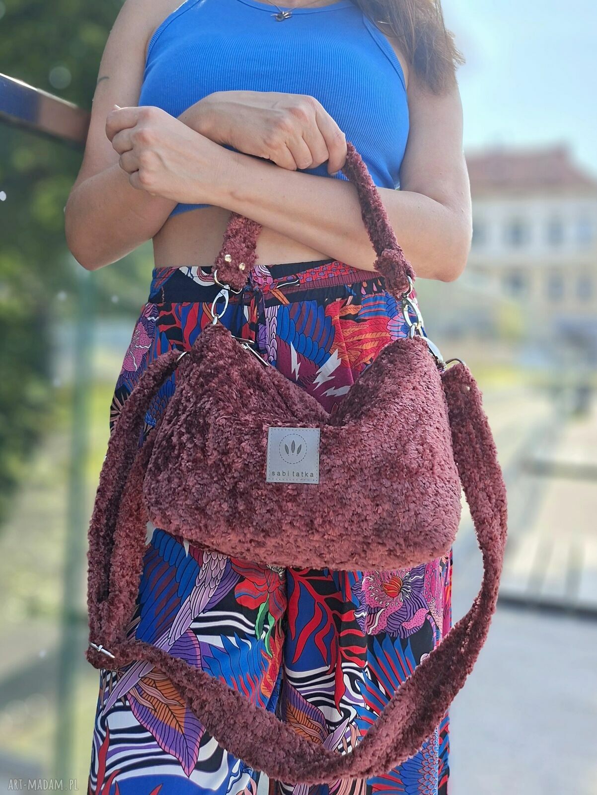 Mini torebka z pluszowej tkaniny Miś Bordo - na ramię i na skos