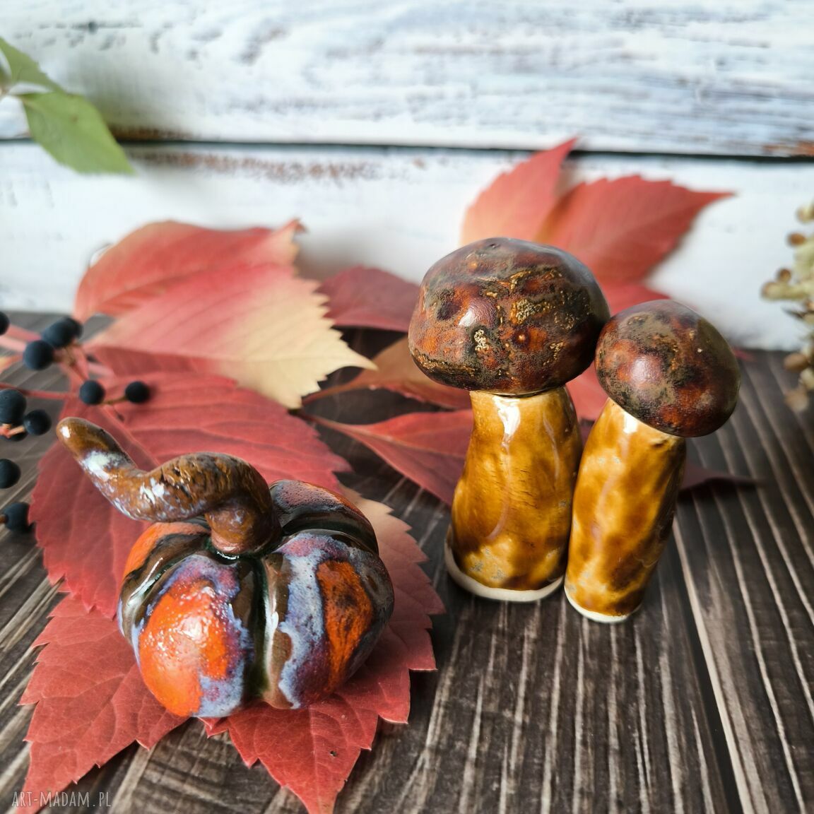 Miniatury ceramiczne - zestaw 3 szt: dynia i grzybki na Halloween