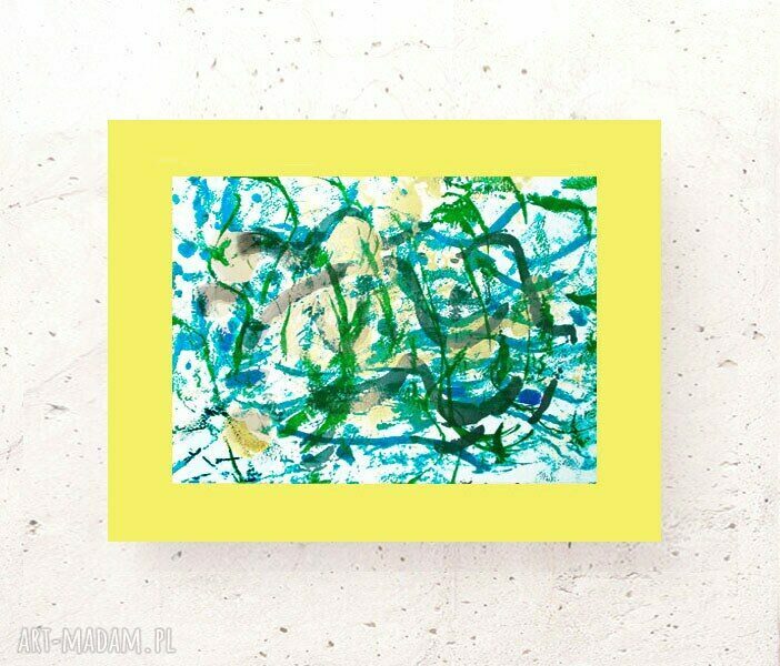 Minimalistyczna abstrakcja 30x40 cm - rysunek w żółci, turkusie i złocie