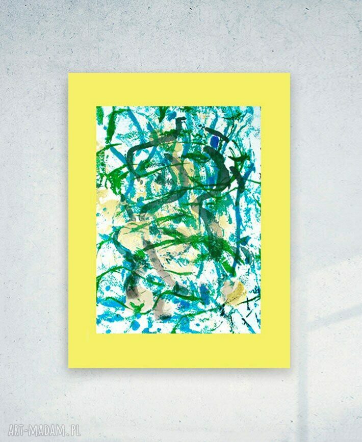 Minimalistyczna abstrakcja 30x40 cm - rysunek w żółci, turkusie i złocie
