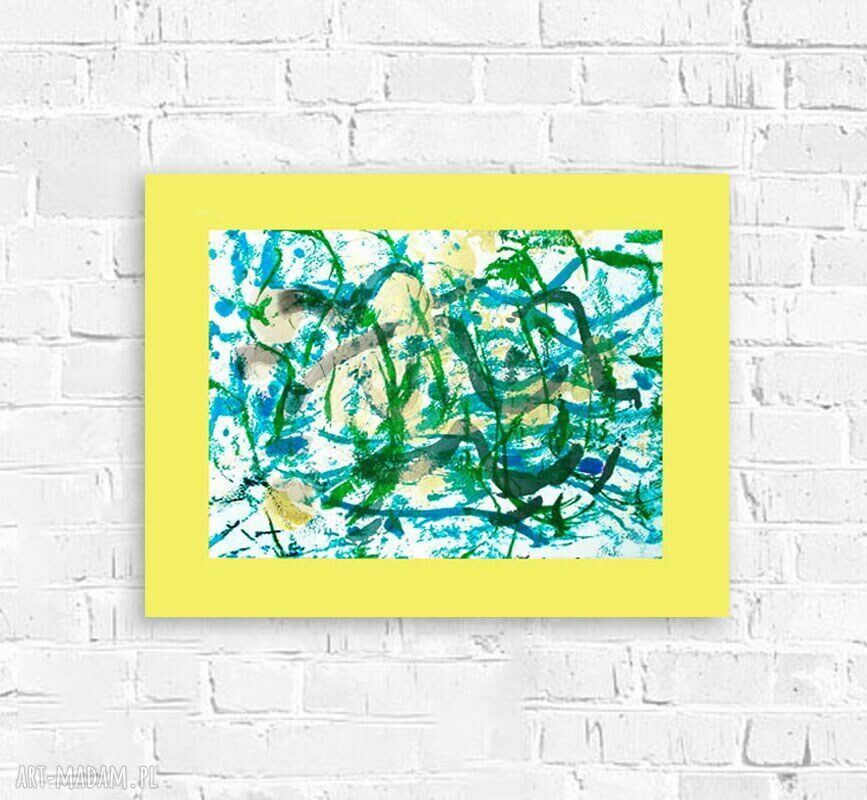 Minimalistyczna abstrakcja 30x40 cm - rysunek w żółci, turkusie i złocie