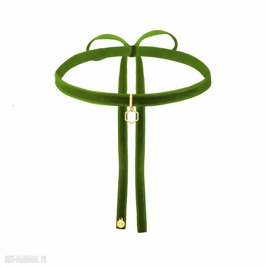 Oliwkowy aksamitny choker zŁotym szeŚciokĄtem modny zawieszka