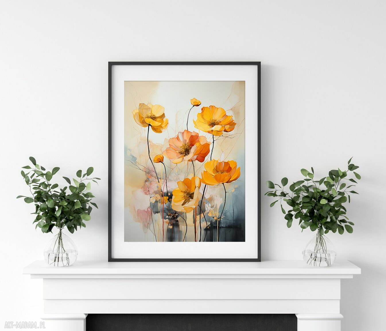 Minimalistyczny plakat z kwiatami 40x50 cm - szaro-pomarańczowy (styl naturalistyczny)