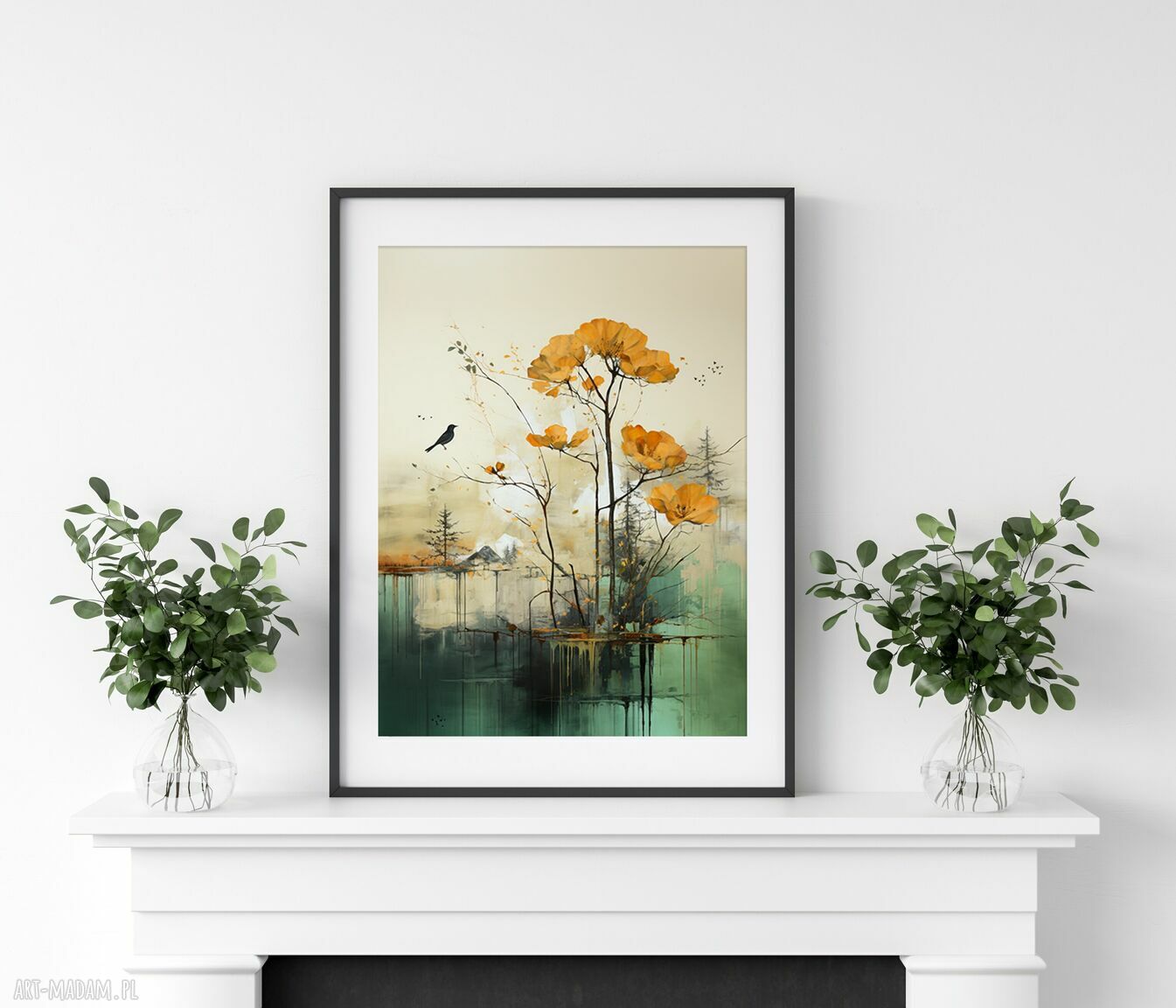 Minimalistyczny plakat krajobraz 40x50 cm - zielony (drzewa i ptaki)