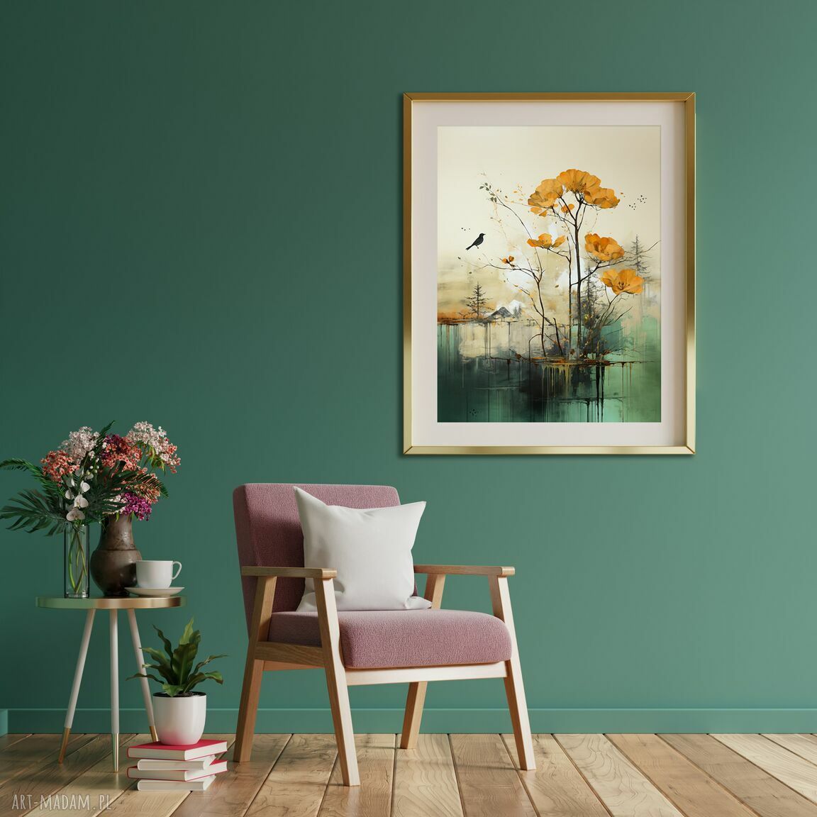 Minimalistyczny plakat krajobraz 40x50 cm - zielony (drzewa i ptaki)