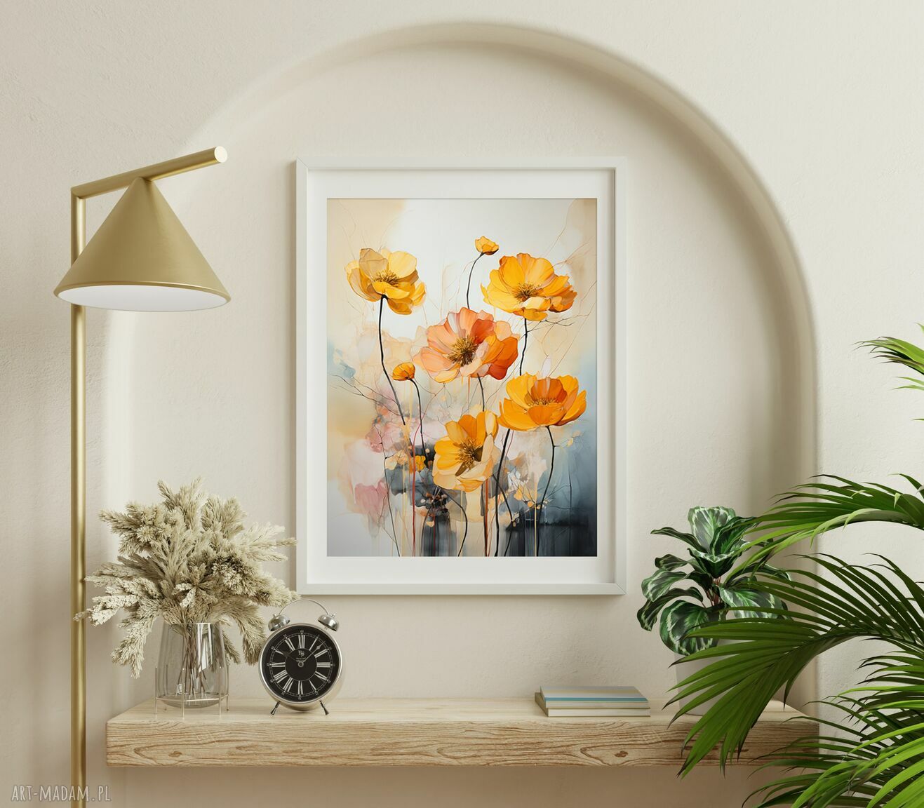 Minimalistyczny plakat z kwiatami 40x50 cm - szaro-pomarańczowy (styl naturalistyczny)