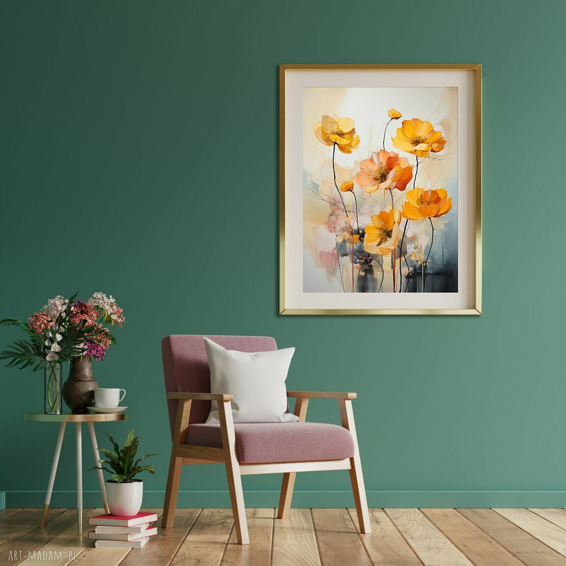 Minimalistyczny plakat z kwiatami 40x50 cm - szaro-pomarańczowy (styl naturalistyczny)