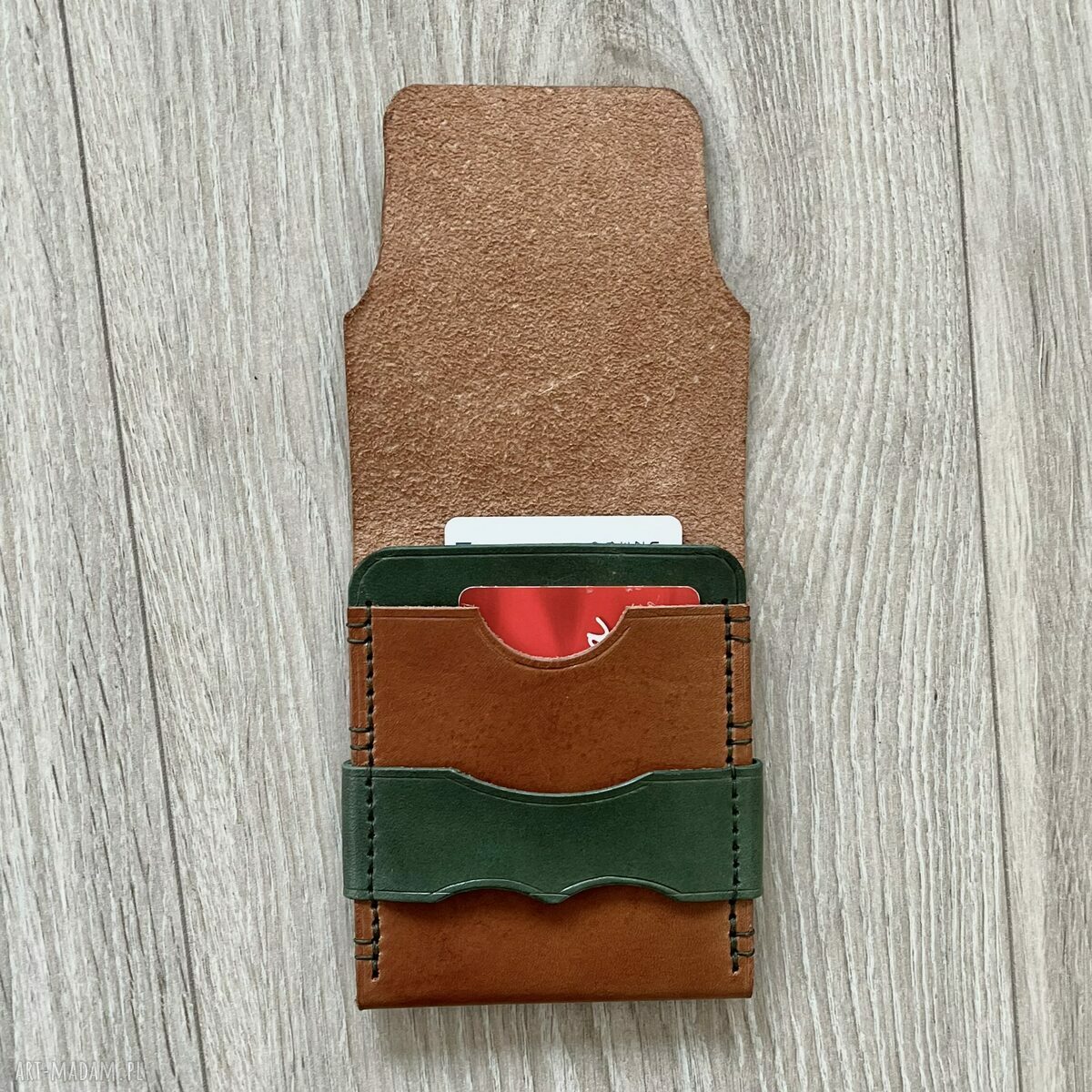 portfele: Portfel brązowo zielony na karty wykonany ze skóry ręcznie uszyty. Handmade