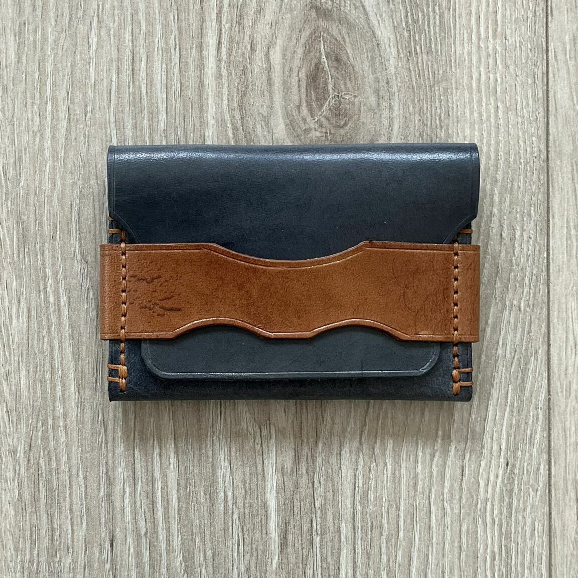 Portfel skóry szary karty ręcznie uszyty skórzany rękodzieło