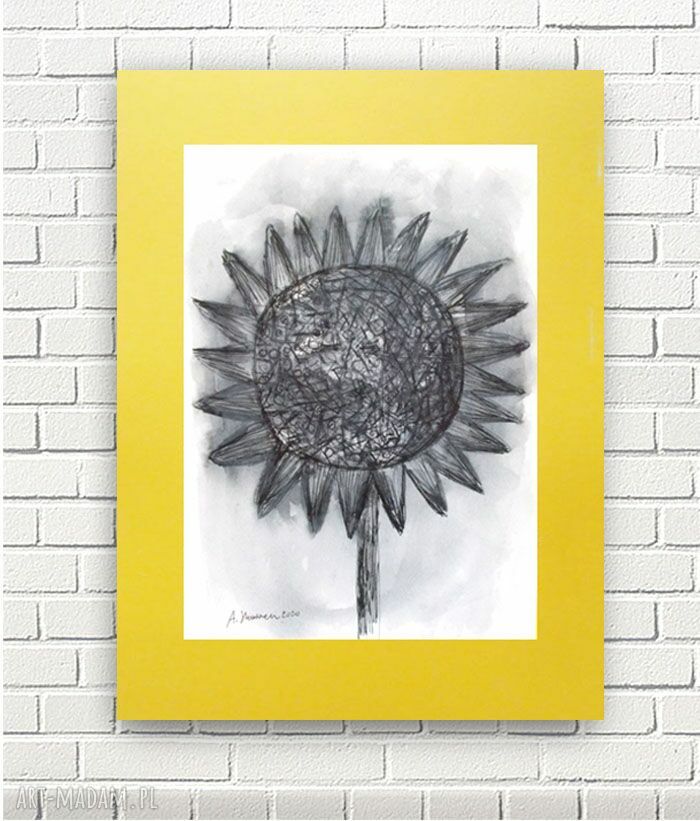 Minimalistyczny rysunek słonecznik 30x40 - ręcznie malowany tuszem