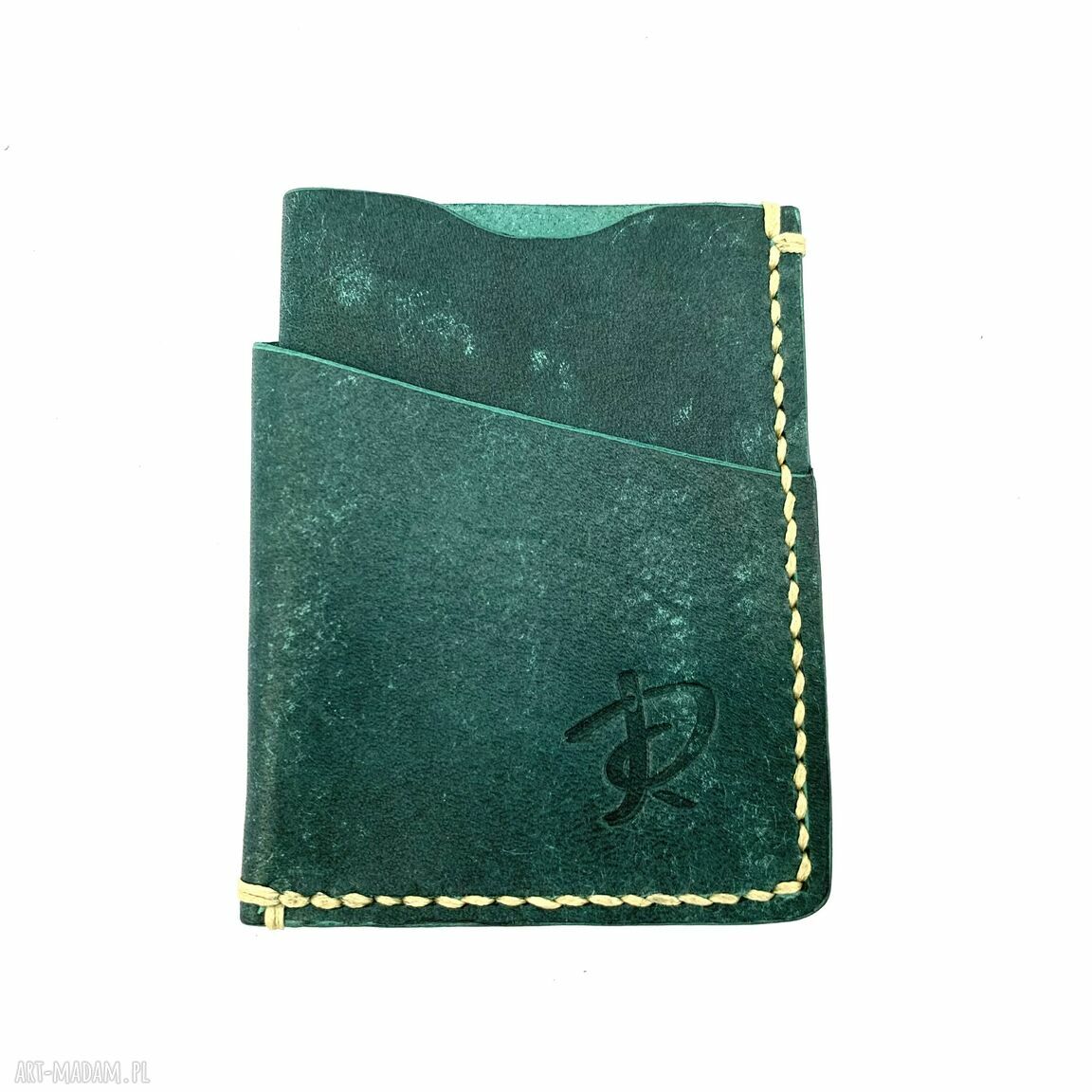 Minimalistyczny turkusowy portfelik skóry karty ręcznie uszyty