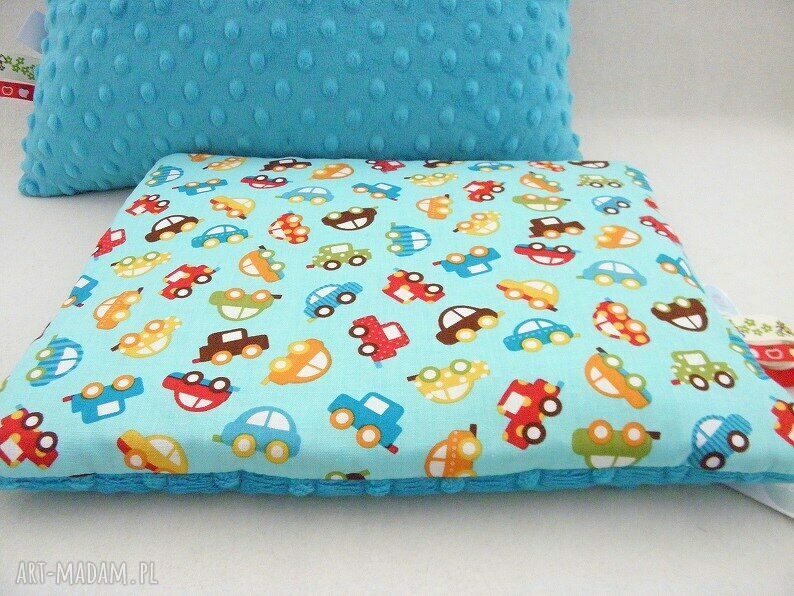 Minky poduszka PŁASKA - AUTA minky DARK TURQUOISE