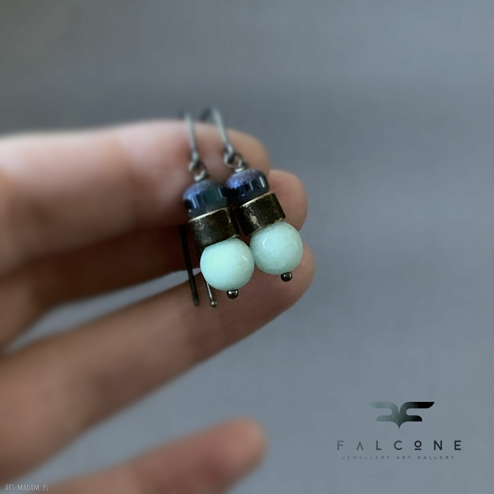 Kolczyki Mint & Denim Blue z jadeitem i szkłem - srebrne bigle 925