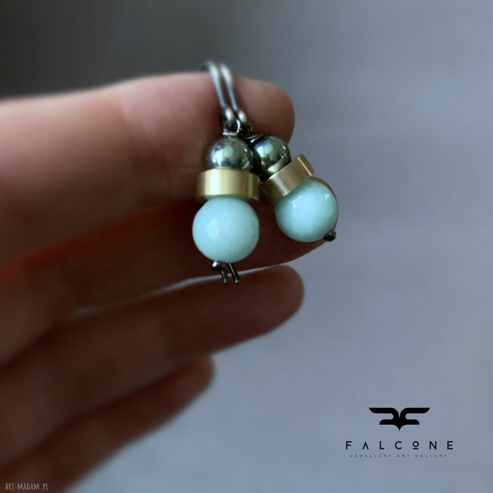 Kolczyki Mint & Scarab Green z jadeitem i hematytem - srebrne bigle z mosiądzu