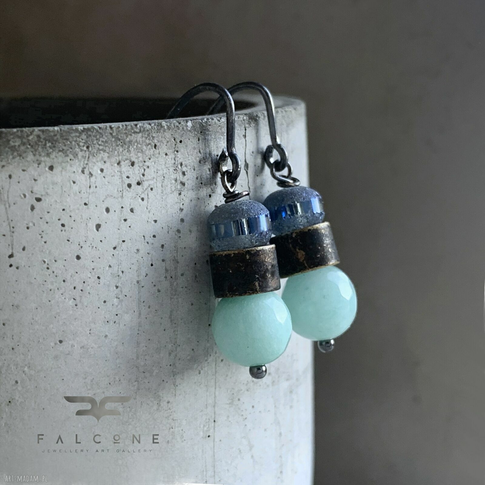 Kolczyki Mint & Denim Blue z jadeitem i szkłem - srebrne bigle 925