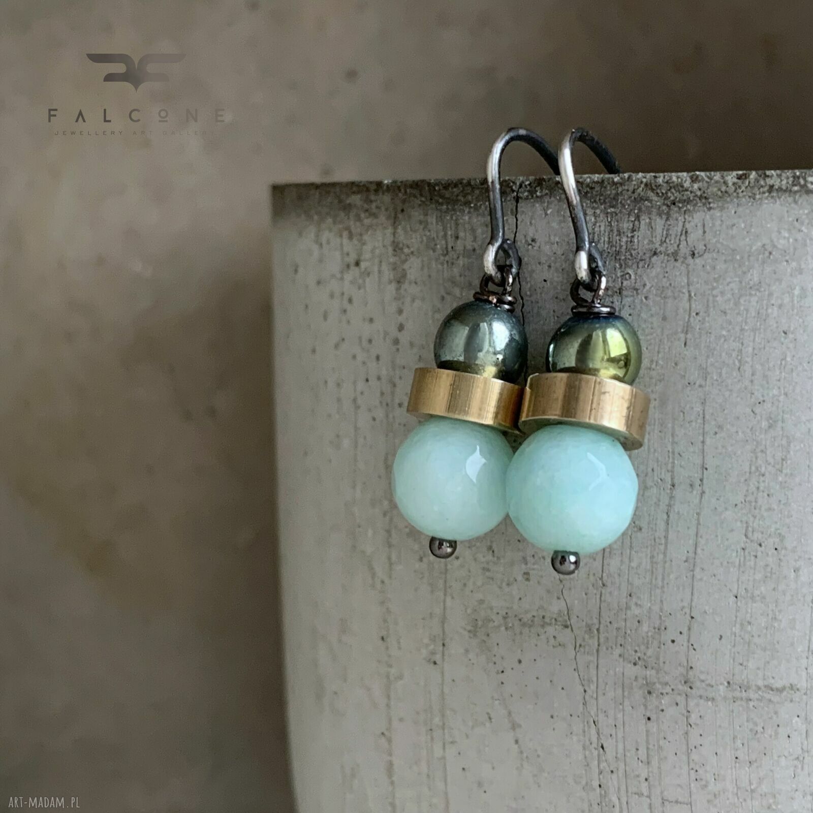 Kolczyki Mint & Scarab Green z jadeitem i hematytem - srebrne bigle z mosiądzu