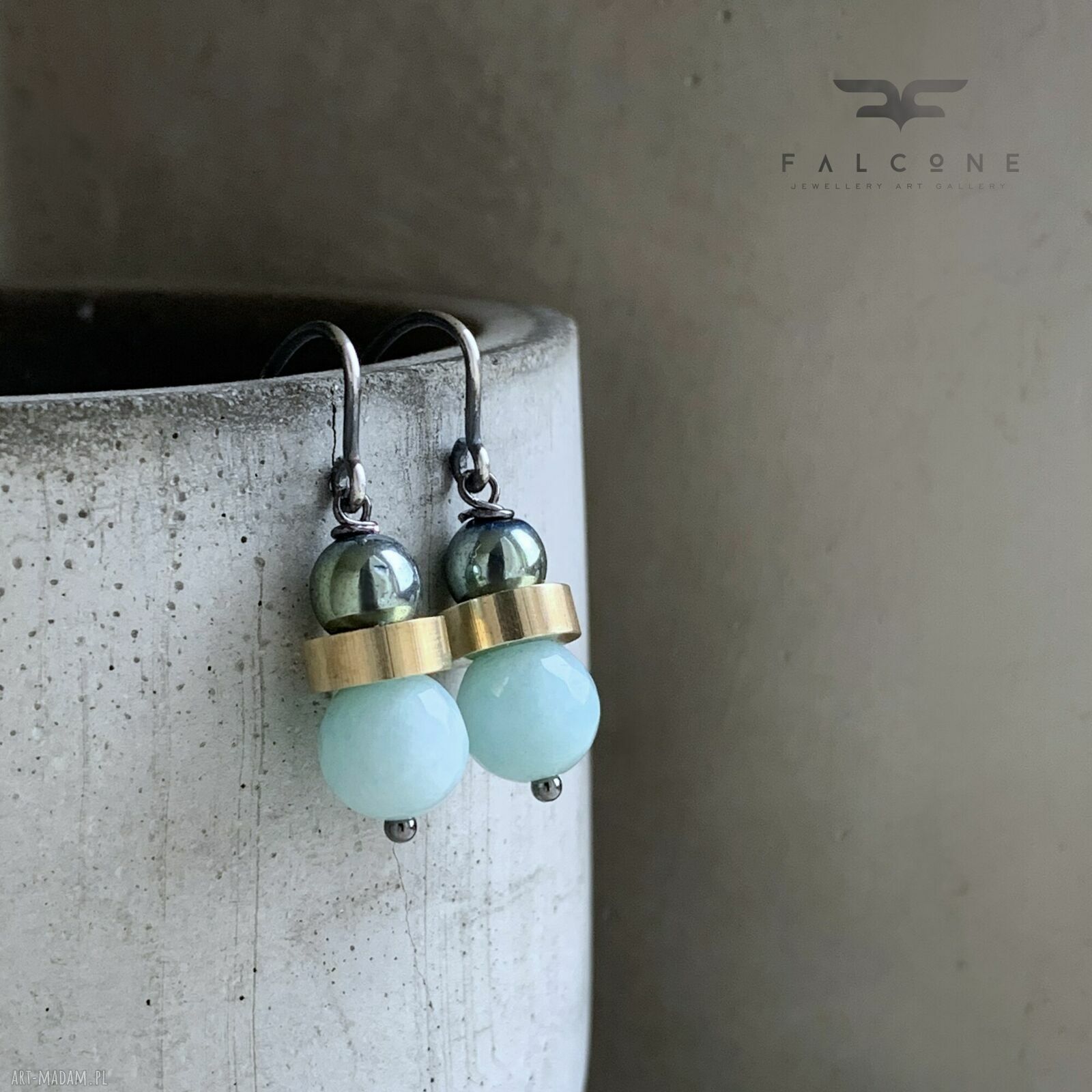 Kolczyki Mint & Scarab Green z jadeitem i hematytem - srebrne bigle z mosiądzu