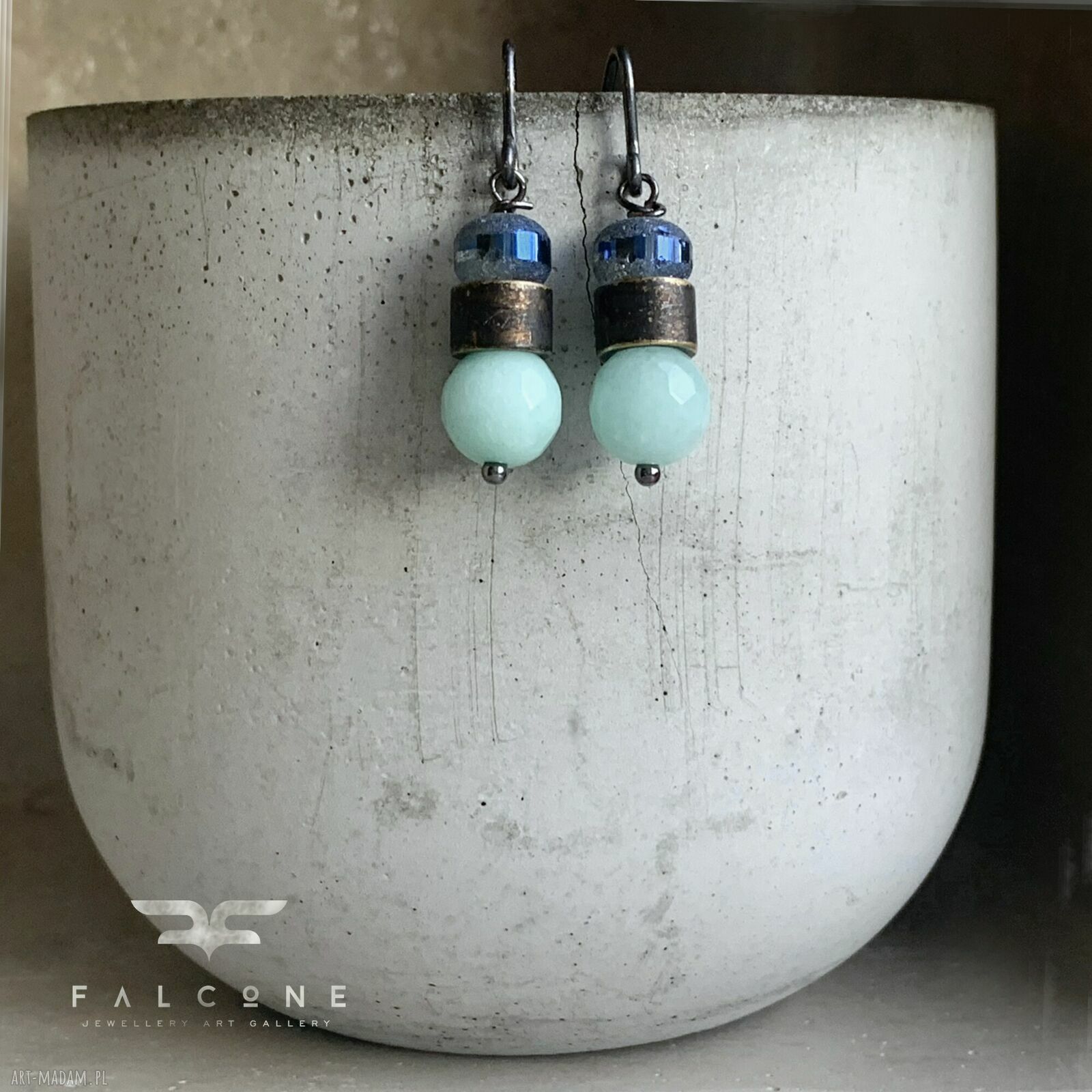 Kolczyki Mint & Denim Blue z jadeitem i szkłem - srebrne bigle 925