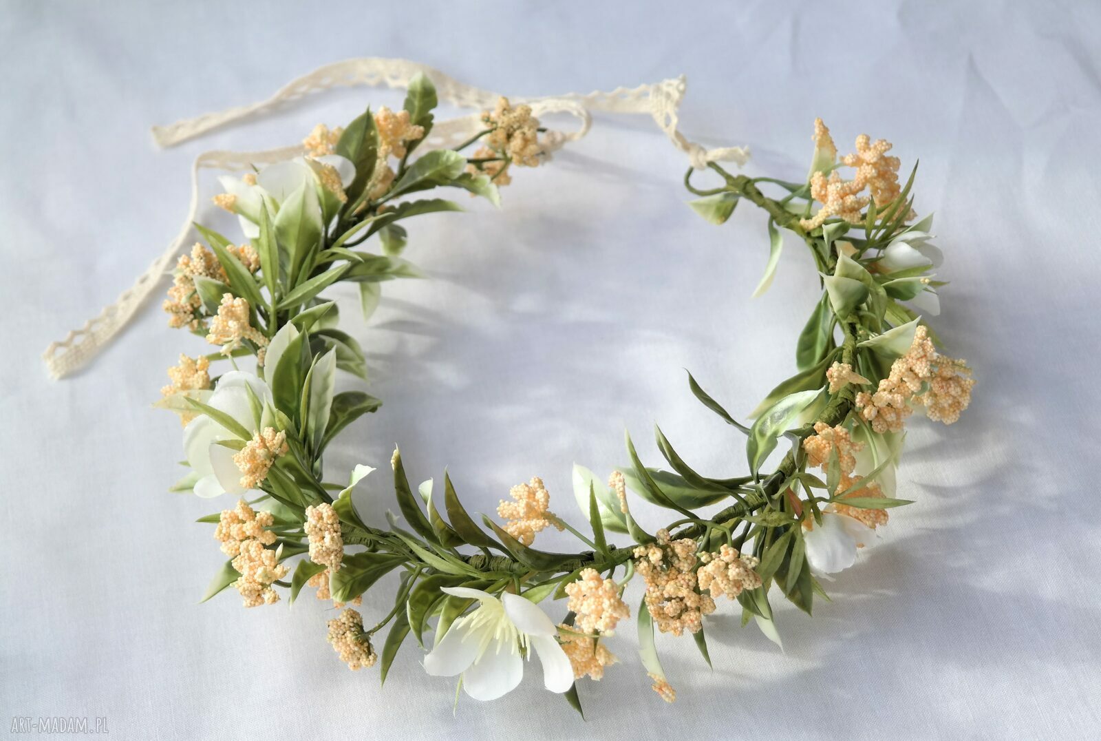 Wianek „Miód i Wanilia” handmade boho - krem i złamana biel