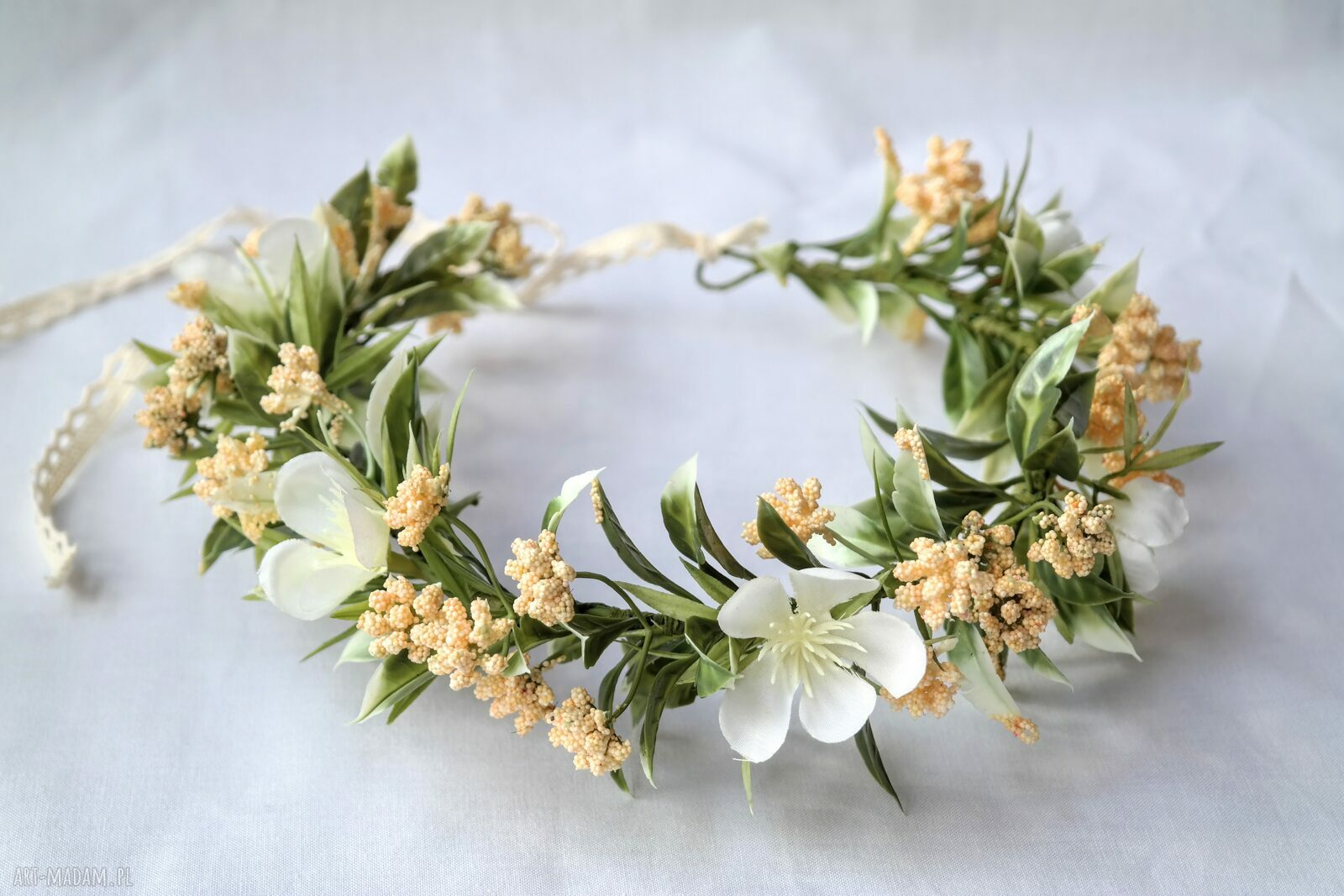 Wianek „Miód i Wanilia” handmade boho - krem i złamana biel