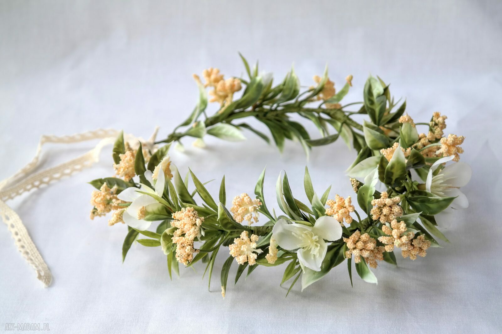 Wianek „Miód i Wanilia” handmade boho - krem i złamana biel