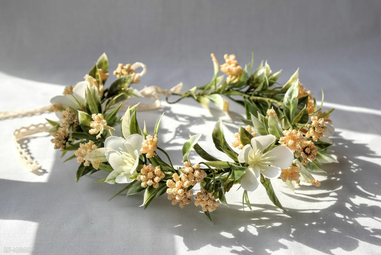 Wianek „Miód i Wanilia” handmade boho - krem i złamana biel