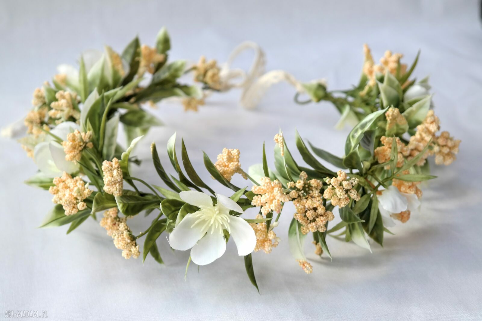 Wianek „Miód i Wanilia” handmade boho - krem i złamana biel