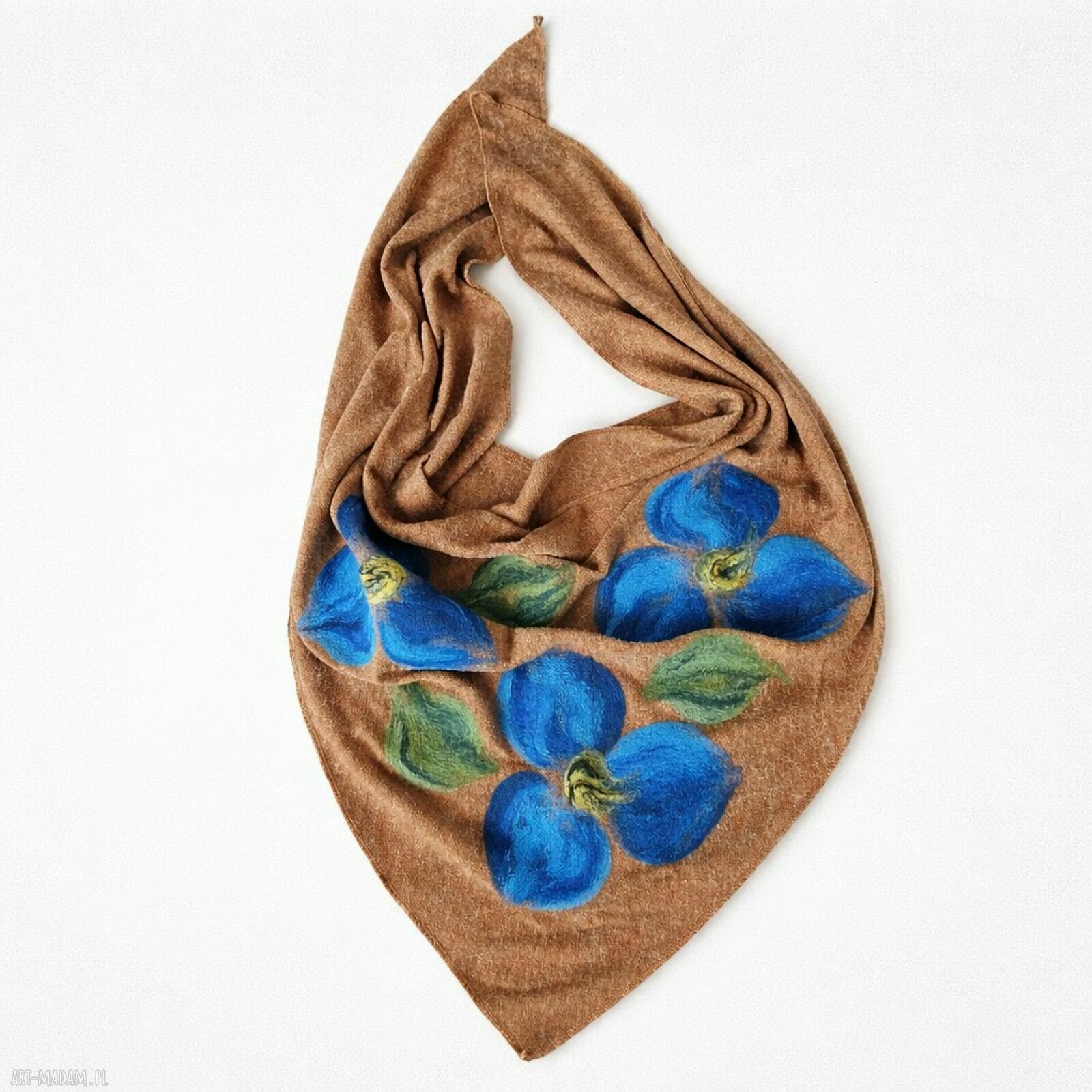 Miodowa chusta handmade z wełny merino - filcowane elementy 160 x 91 cm
