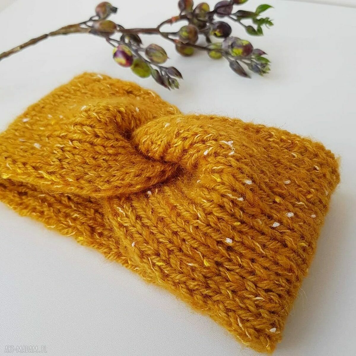 Miodowa opaska z alpaki na głowę - szeroka, podwójna dzianina Musztarda Tweed