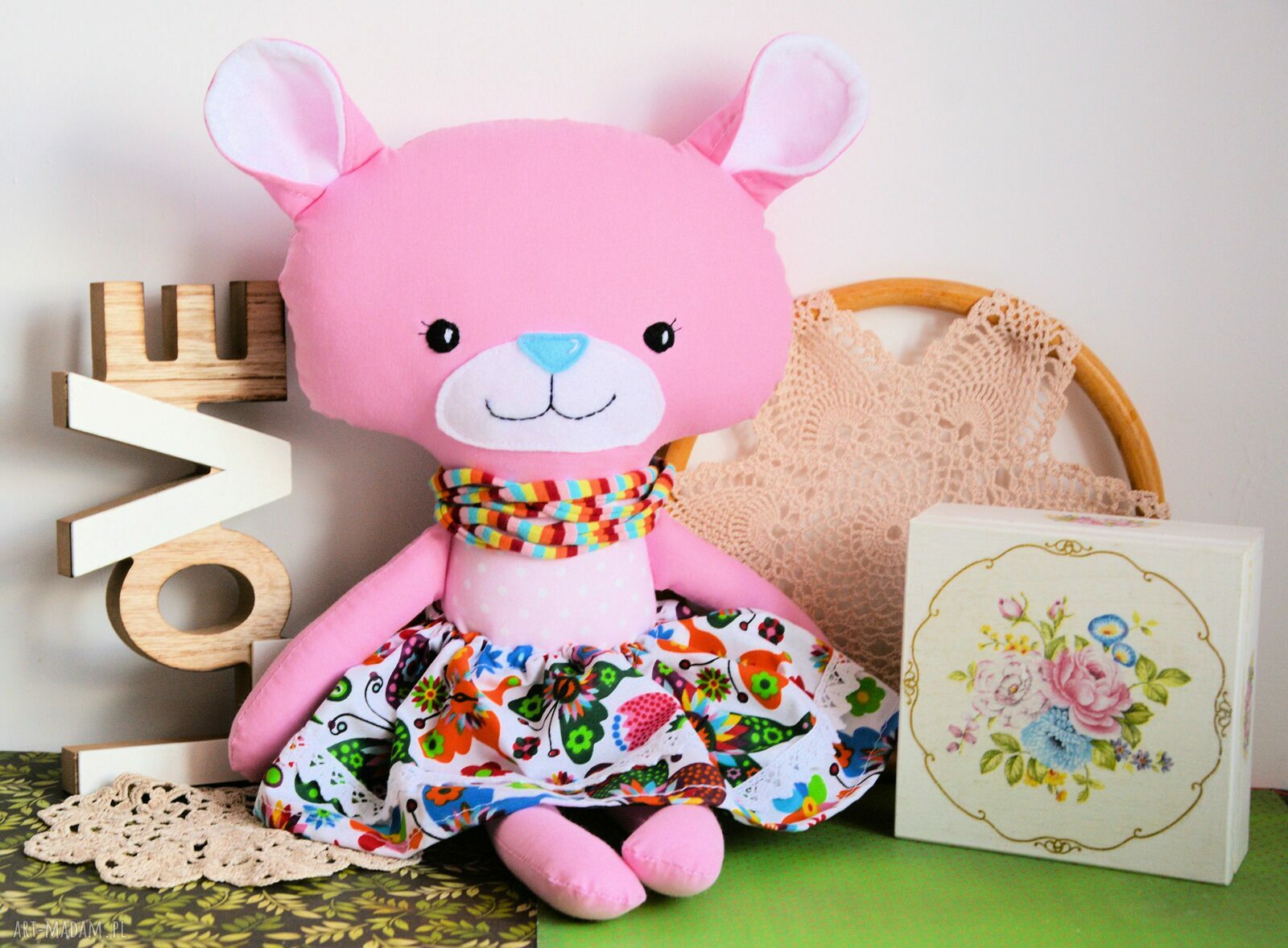 Miś duży Panna Malinka 46 cm - maskotka handmade dla dziewczynki