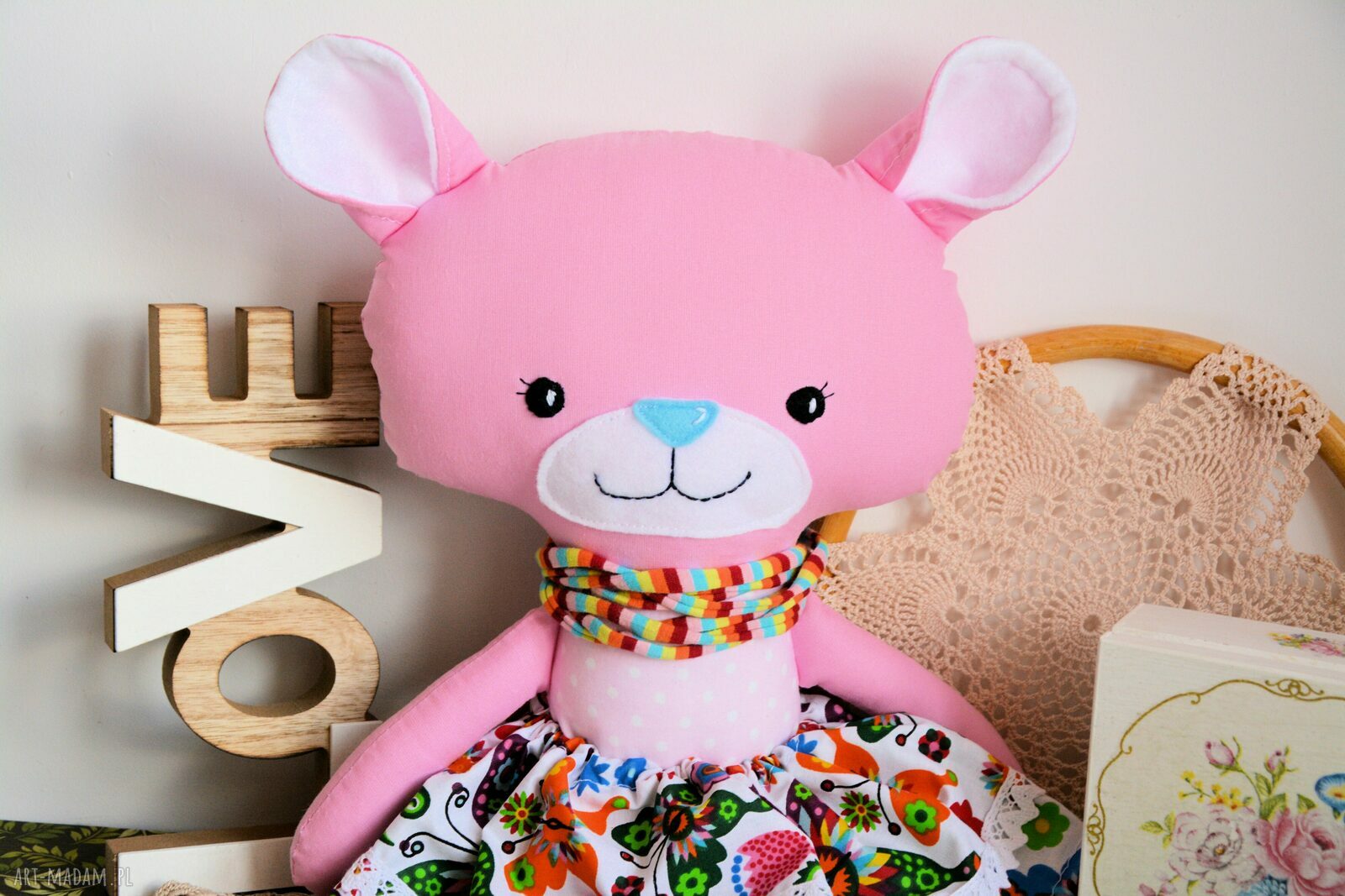 Miś duży Panna Malinka 46 cm - maskotka handmade dla dziewczynki